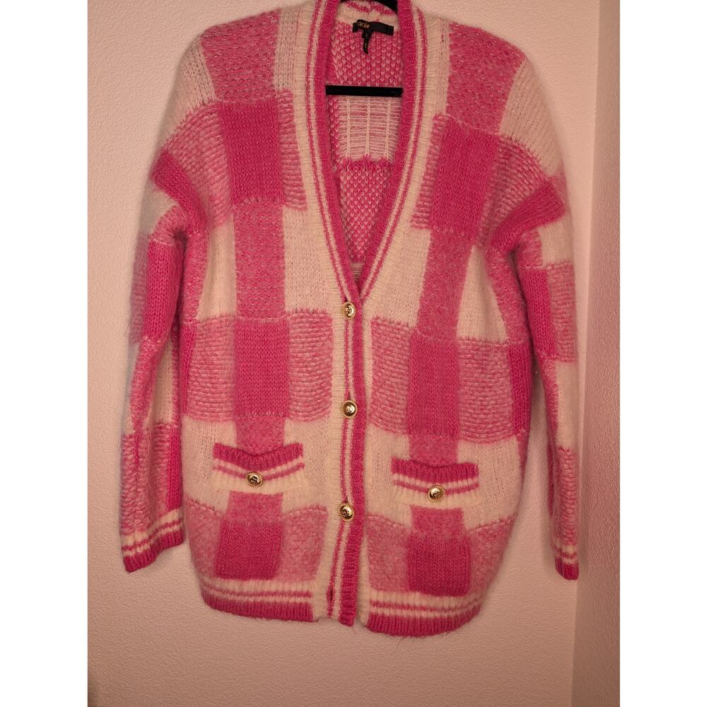 Maje Women's Checkered Jacquard Cardigan S Mohair Blend Chic Designer Preppy - Picture 2 of 7